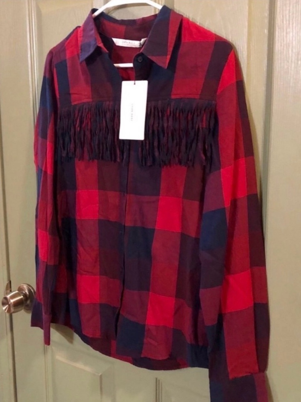 NWT-Zara Red and Navy Plaid Fringe Button-Down Shirt